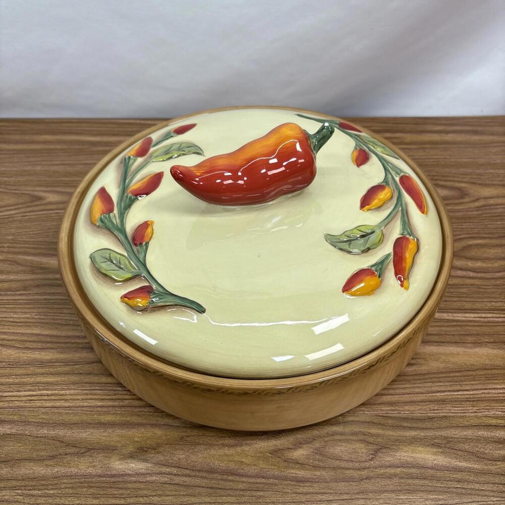 Serrano StoneLite Clay Art Pottery Tortilla Warmer Orange Red Green Brown Colors